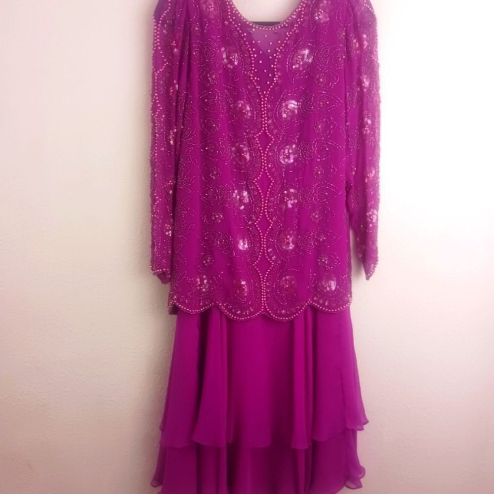 Jack Bryan 70s 80s Bead Sequin Pearl Chiffon long sleeve fuchsia Dress Sz 10